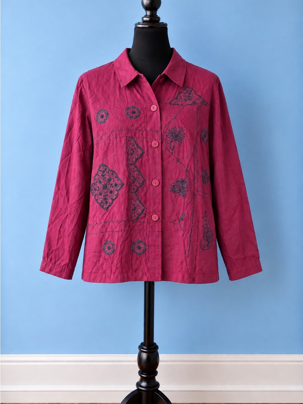 Women's Embroidered Button-Front shaket- Burgandy